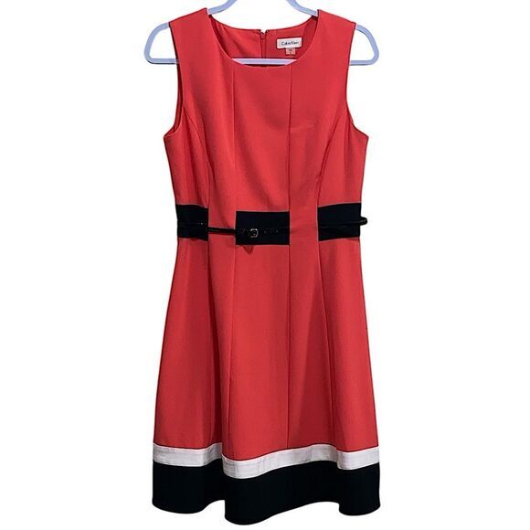 Calvin Klein Red Colorblock Fit & Flare Dress Size 8 Belted Sleeveless Midi‎ - Picture 1 of 15